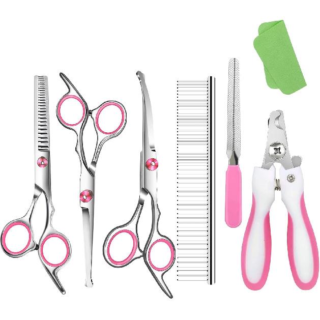 Dog Grooming Scissors with Safety Round Tip,Pet Grooming Scissors Kit,Dog Shears for Grooming,Incude Thinning,Curved Grooming Scissors and Comb for
