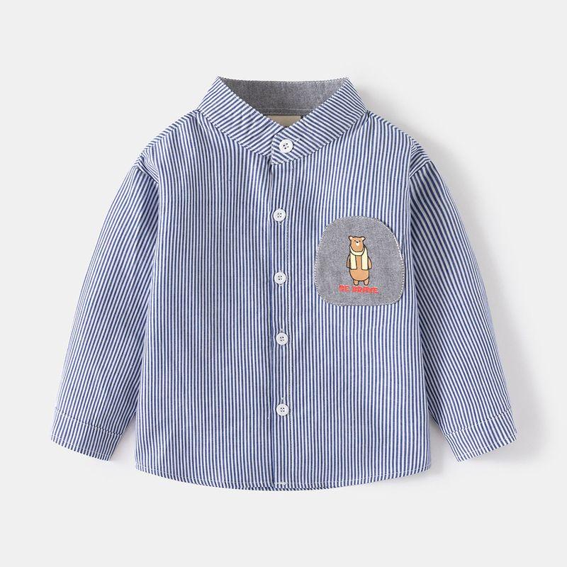 Boys' Stripes Long Sleeves Shirt Spring and Autumn Kids Stand Collar Bear Shirt K-style Baby Boy Western Style Leisure Tops