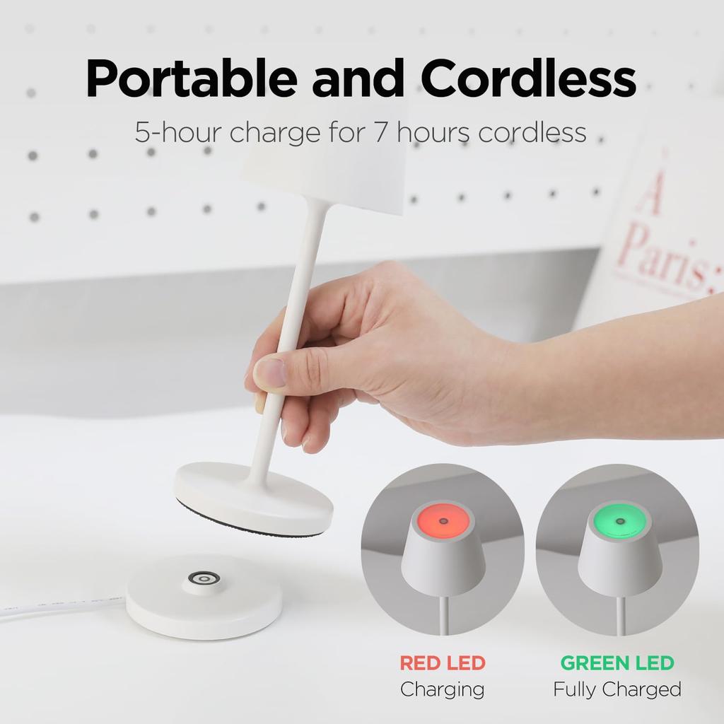 mooas Cordless Table Lamp, Small Portable Rechargeable LED Desk Lamp with 3-Color Stepless Dimming, Touch Mood Night Light for Reading, Bedroom,
