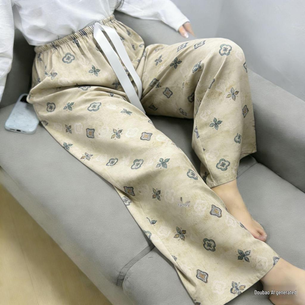 Damen-Blumen-Baumwoll-Seiden-Pyjama - Große Größen, Sommer, Leicht, Für draußen, Gerades Bein, Lockerer Schnitt
