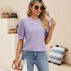 Women Button Puff Sleeve O Neck Breathable Solid Color Pullover T Shirt Blouse Top