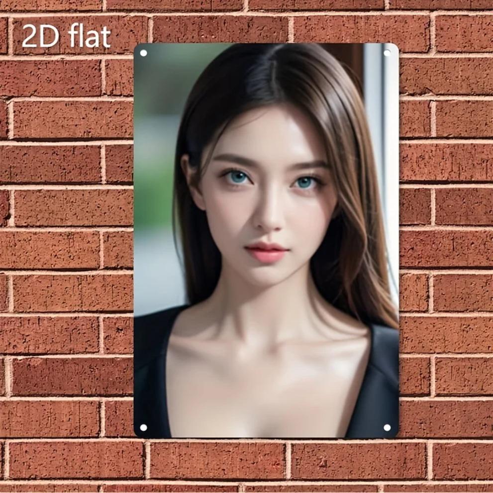 Metal Wall Art Woman Face Portrait Minimalist Brown Hair Blue Eyes Home Decor Sign Wall Hanging