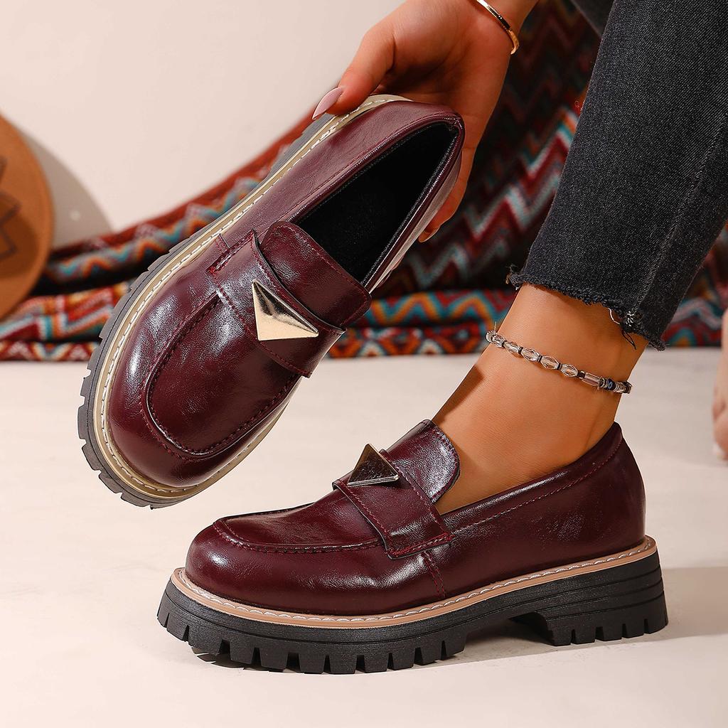 2025 New Cowhide/cow Anti-leather Round Head Metal Buckle Platform Loafers 4CM Square Heel Casual Single Shoes Women's Shoes