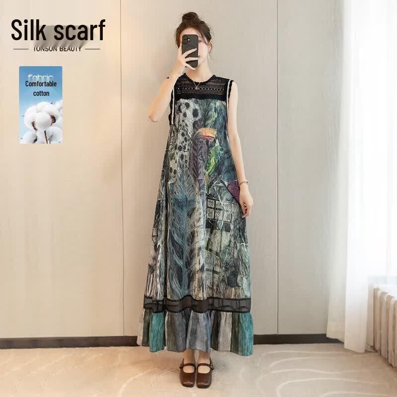 Sybelle Women s Round Neck Linen Style A-Line Long Dress S