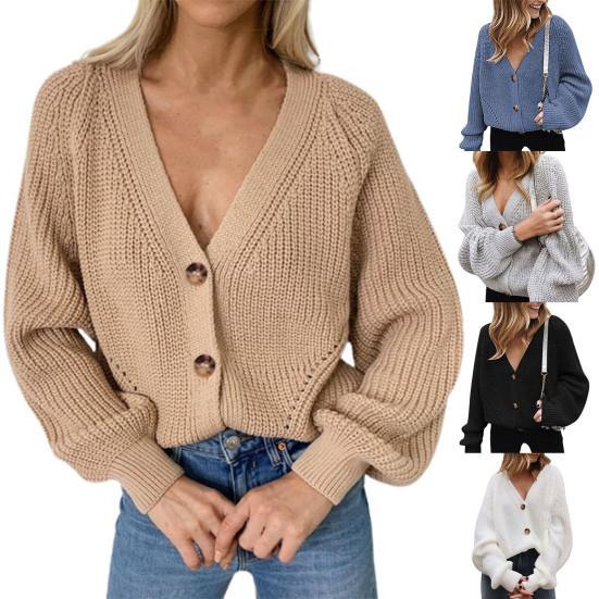 Knitted Cardigan Solid Color Long Sleeve Polyester Single-Breasted Women Sweater for Autumn