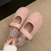 2025 Spring New Suede Red Light Mouth Single Shoes Female Retro Gentle Fairy Style Casual Soft Flat Bottom with Skirt
