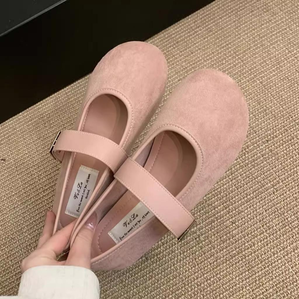 2025 Spring New Suede Red Light Mouth Single Shoes Female Retro Gentle Fairy Style Casual Soft Flat Bottom with Skirt