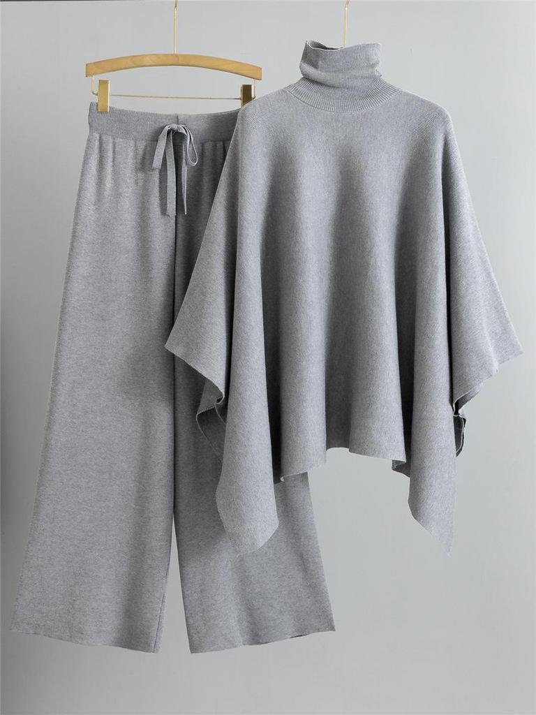 Women's Autumn Winter High Neck Cloak Sweater & Wide Leg Pants Set