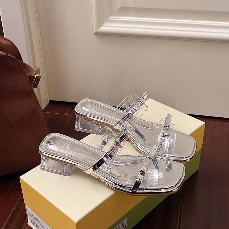

French temperament fairy style sandals women with skirt high heels 2025 summer new silver versatile thick heel slippers 35