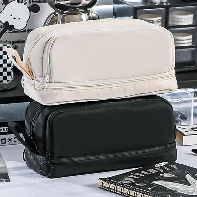 1pcs Dual-side Open Pen Bag Pencil Case 4 Compartments With Zipper & Portable Handle Storage Pouch for Stationery