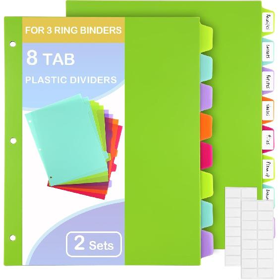 8 Tab Binder Dividers for 3 Ring Binder, Plastic Binder Dividers with Tabs, Cute Page Pastel Folder Dividers with Big Tabs for School Office Home,