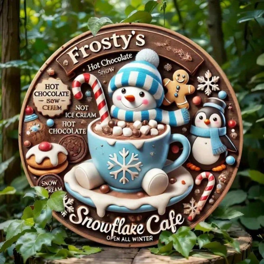 Winter Joy Cafe Metal Wall Art Frosty Snowflake Round Sign Home Decor Gift