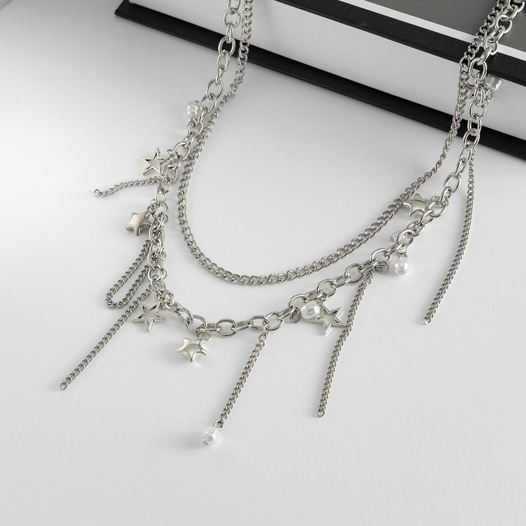 Minimalistische Stern Kreuz Kette Denim Anhänger INS Hip Hop Kunstperlen Quaste Hoschenkette für Männer Frauen Täglich Straße Party Accessoire