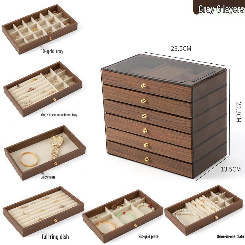 Elegantní vícevrstvá dřevěná šperkovnice s velkou kapacitou na náhrdelníky, náramky a prsteny