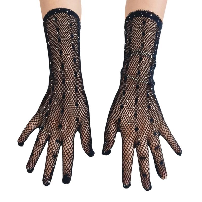 Lace Fishnet Gloves Rhinestones Accented Evening Party Accessories Stretchable Polyester Halloween Gloves for Women 1