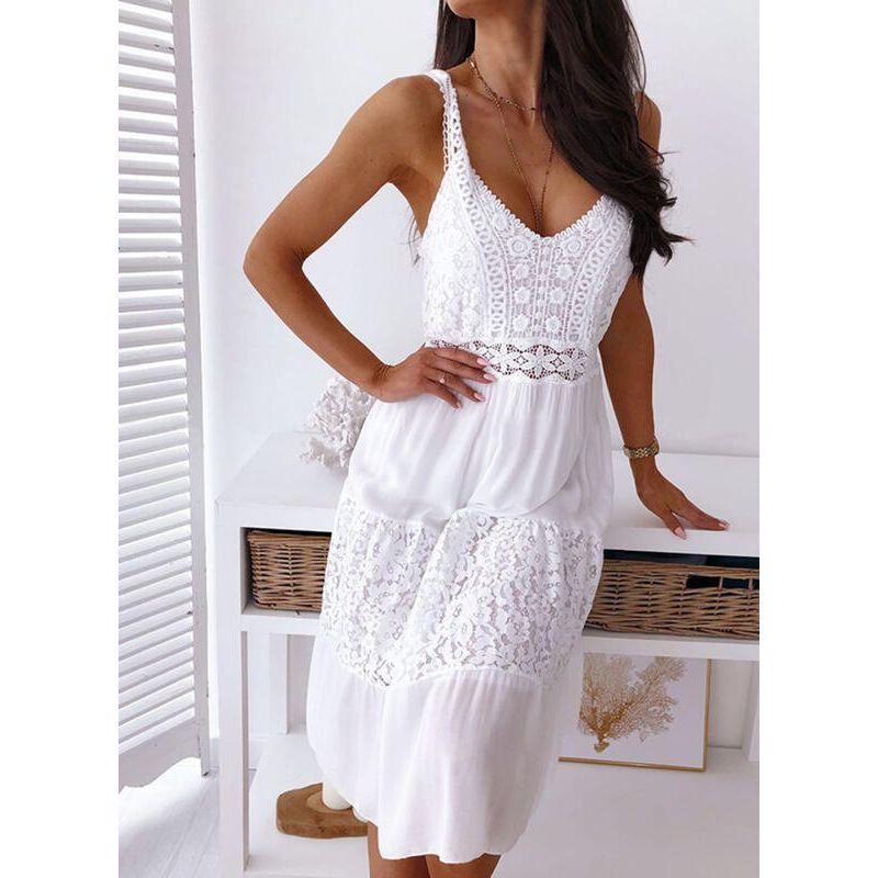 

Lace Patchwork Camisole V-neck Dress Lace Patchwork V-neck Brace Dress White XXXL