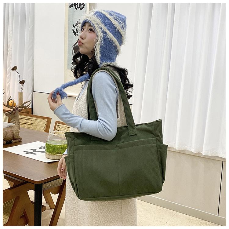 Corduroy Retro Fashion Tote - Multi-Pocket, Large Capacity Handbag.