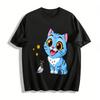 Cute Blue Cat & Hat-wearing Bird Print Kids T-shirt, Adorable Cartoon Animal Pattern Breathable Daily Top Pure Cotton T-shirt