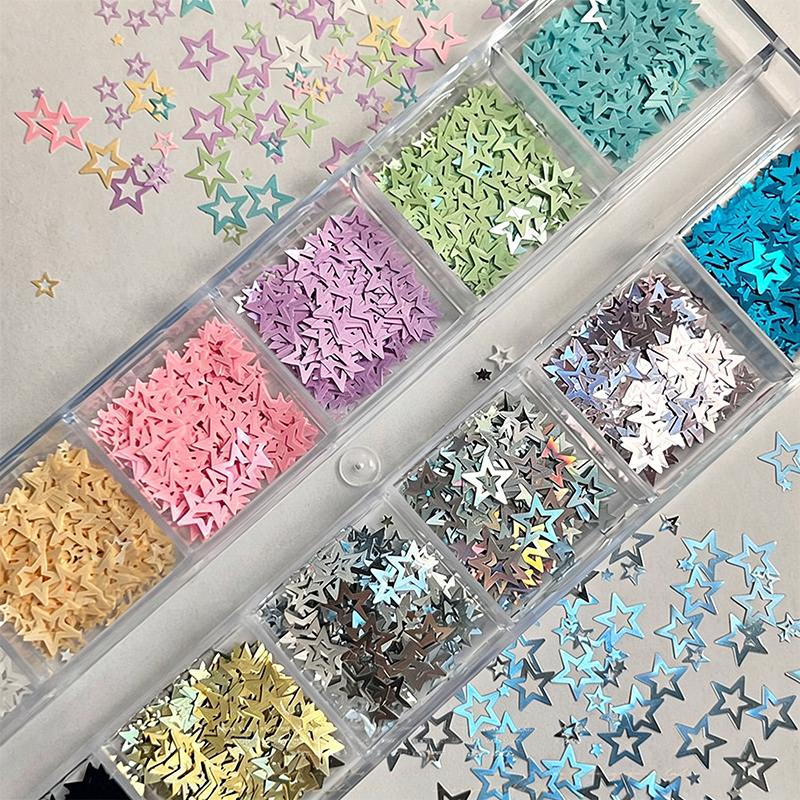 1box 3D Holographic Laser Hollow Star Nail Flakes 12colors Colorful Five-Pointed Star Nail Art Squins Sparkle Star Nail Stickers
