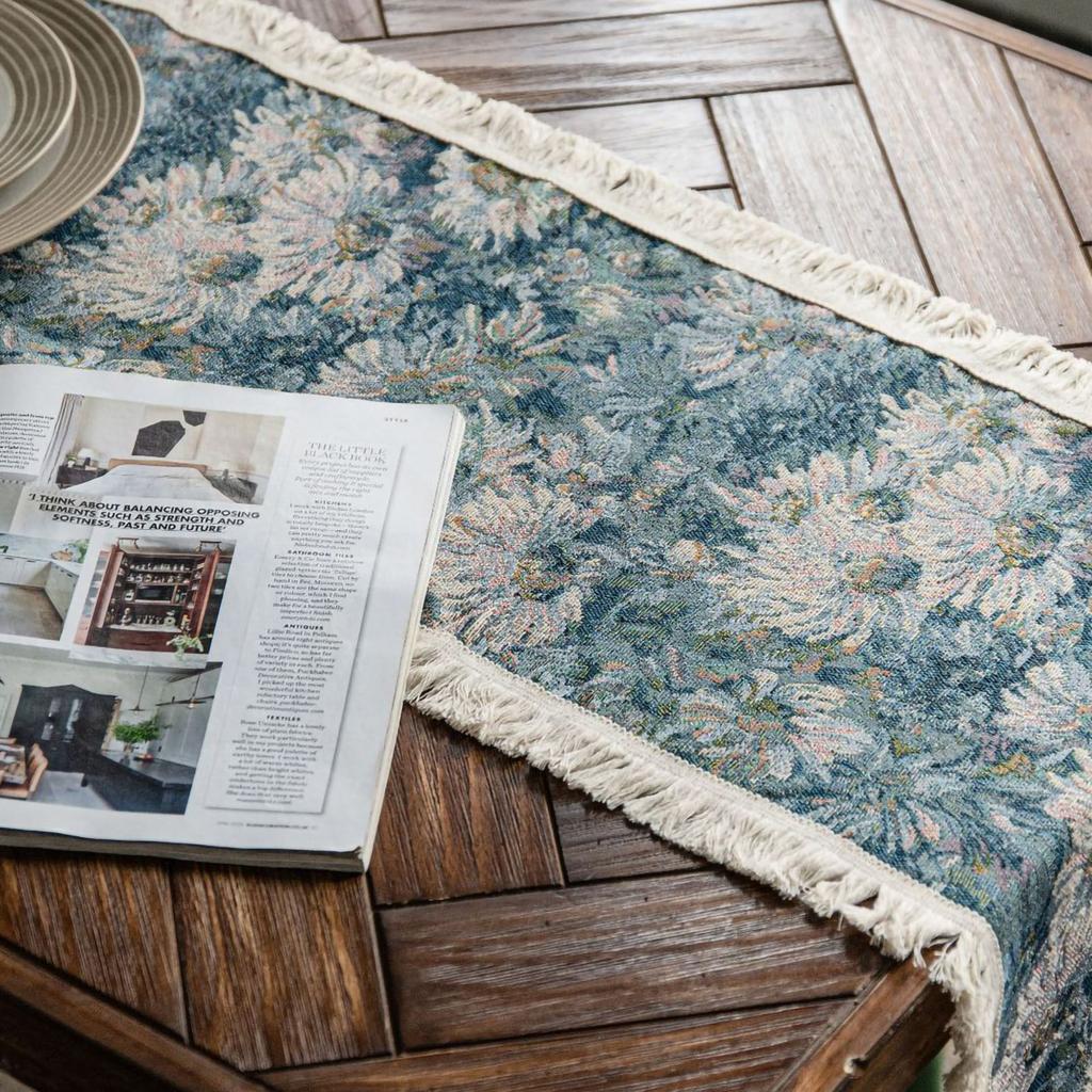 Jute Table Runner Jacquard Sunflower Pattern American Style with Tassels Table Runner Decoration for Party Blue