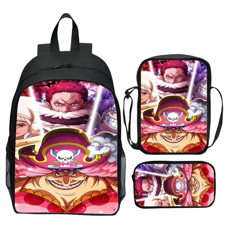 Set Zaino 3 Pezzi Stampato One Piece Cartone Animato Pirata Blu Marinaio Zaino Scuola Elementare Grande Capacità Resistente all'Acqua Zaino per Bambini