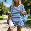 Womens Striped Knit Sweatshirt And High Waist Shorts Set With Patching For Casual Summer Wear