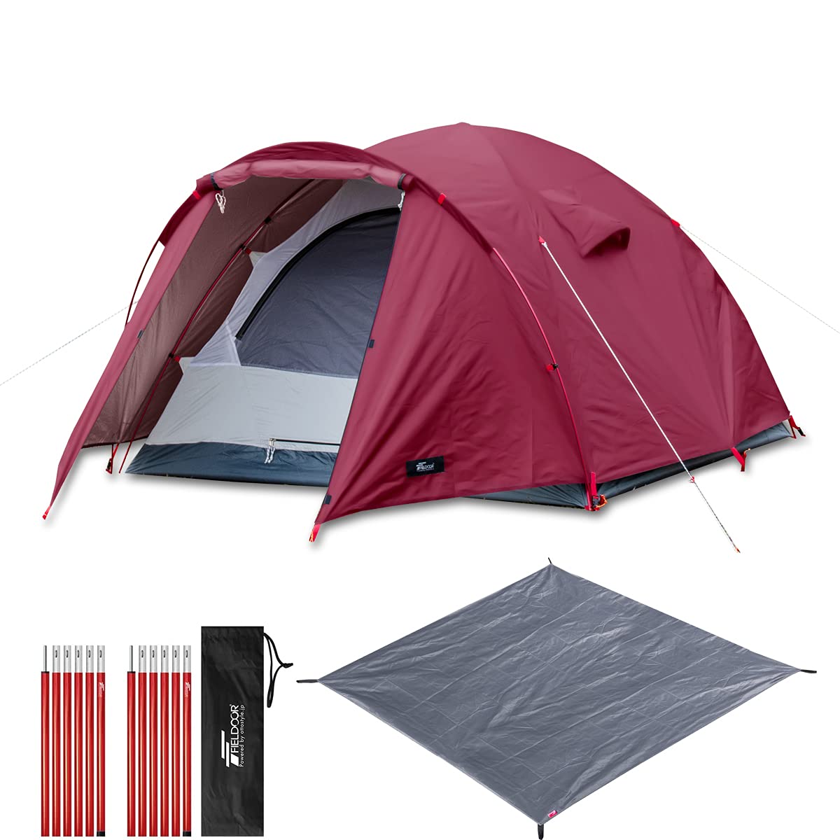 

Палатка-купол FIELDOOR Field Camp Dome 200 Plus с передней комнатой и тентом [бордовый] и алюминиевыми стойками для палатки диаметром 16 мм x 2 в комплекте [красный] и напольным покрытием