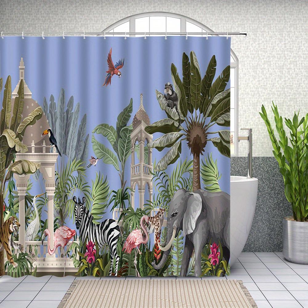

Занавеска для душа Тропические джунгли , Слон и Фламинго, Полиэстер, 12 крючков, Машинная стирка, Декор для ванной W90xH180cm