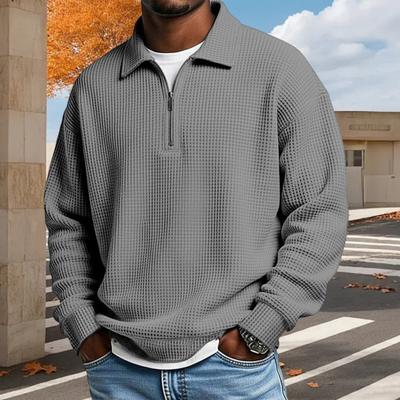 Men Sweatshirt Waffle Fabric Texture Long Sleeve Zipper Half Opening Classic Lapel Pullover Tops Solid Color Loose Fit Casual Sport Tops