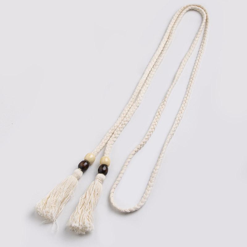 Ethnic Style Cotton Linen Waist Rope With Wooden Beads And Tassels For Casual Wear