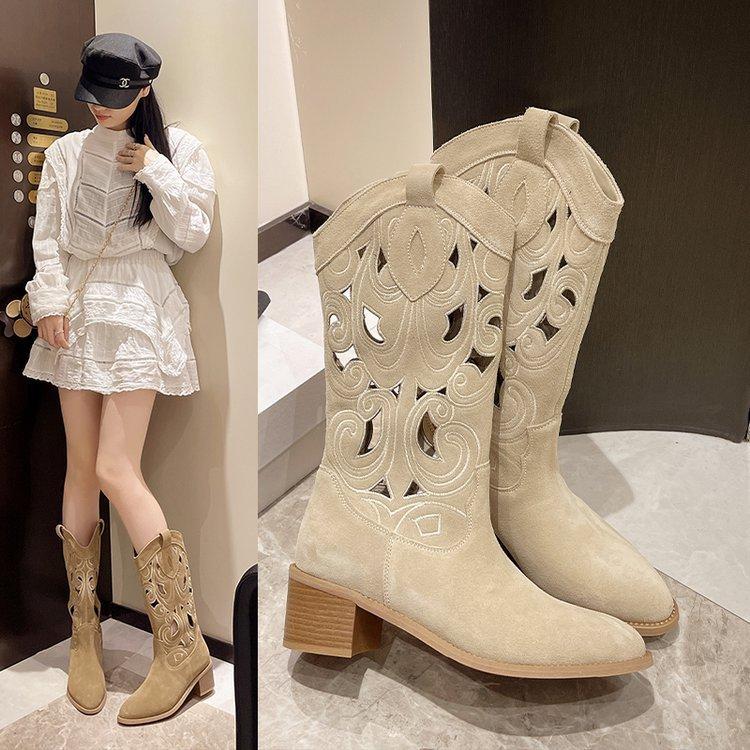 Hollow Hole Tall Boots Women Breathable Knight Cool Boots Pointed Thick Heel Skinny Chelsea Mesh Boots