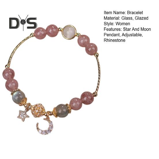 Women Bracelet Smooth Bead Polished Star Moon Pendant Rhinestone Adjustable Shopping Work Party Dating Wrist Chain Lady Jewelry