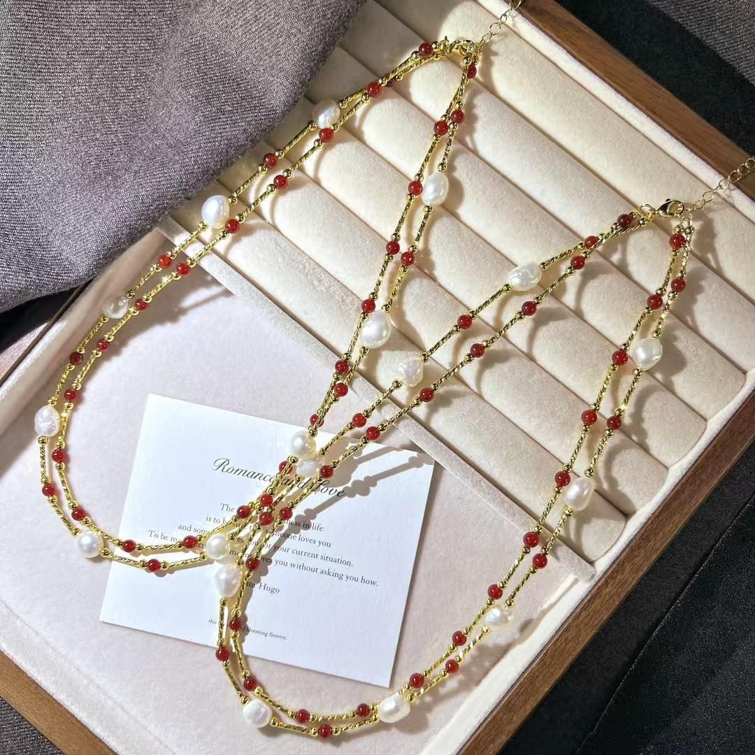 Ретро Сильный Свет Высокое Качество Натуральный Пресноводный Жемчуг Халцедон Двухслойная Цепочка на Ключицы Осенние и Зимние Новые Модели