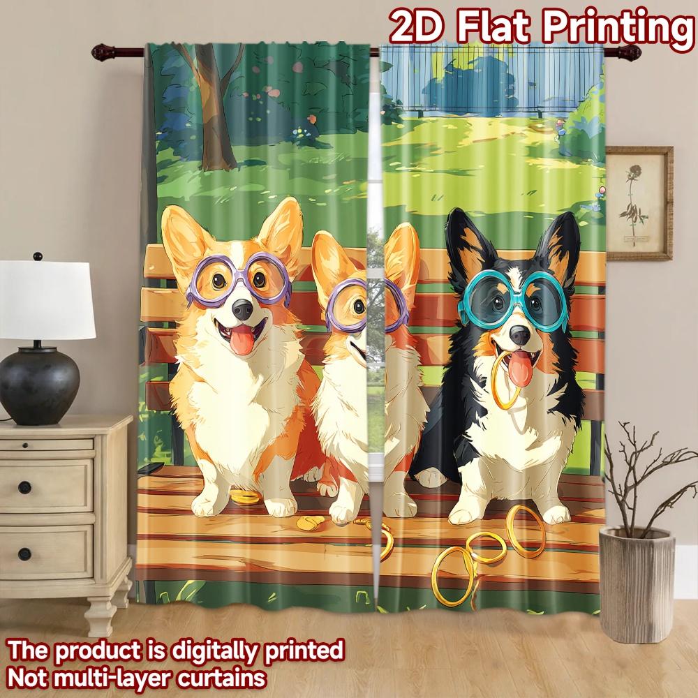 2D flat printing 2pcs Curtains Cute Corgi Puppies Sitting Bench Digital Printed Polyester Drapes Family Party Decoration Use for