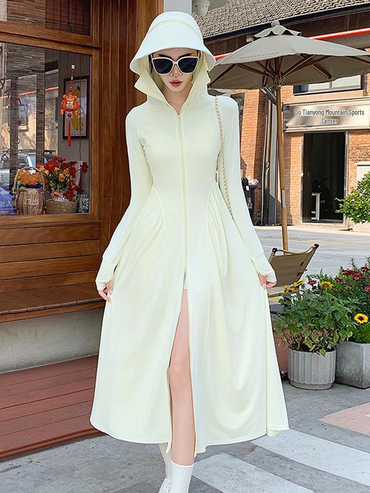 

Женское платье-солнцезащитный комбинезон с капюшоном - Лето 2025, приталенный силуэт, тонкая куртка длиной до колена One Size