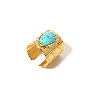Exaggerated Wide Face Vertical Pattern Opening Titanium Steel Ring For Women's Colorless High Grade Retro Oval Turquoise Ring