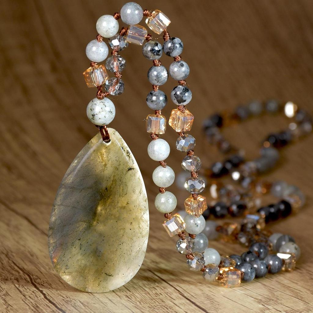 Women's Pink Crystal & Colorful Agate Water Drop Necklace: Handmade Knotted Sweater Chain with European and American Style