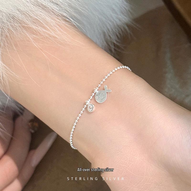 Cui Yan S925 Sterling Silver Korean Fish Round Diamond Bracelet – Women's Stackable Plain Silver Jewelry, Best Friend Gift.