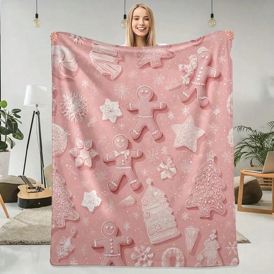 Lebkuchenmann Weihnachtsbaum Bedruckte Flanelldecke Zuhause Reise Campingdecke Verdickter Flanellschal Überwurf Teppich Weich Auto