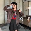 American Retro Casual PU Leather Drawstring Jacket - Autumn 2024, Small Size, Loose Fit, Age-Reducing Design