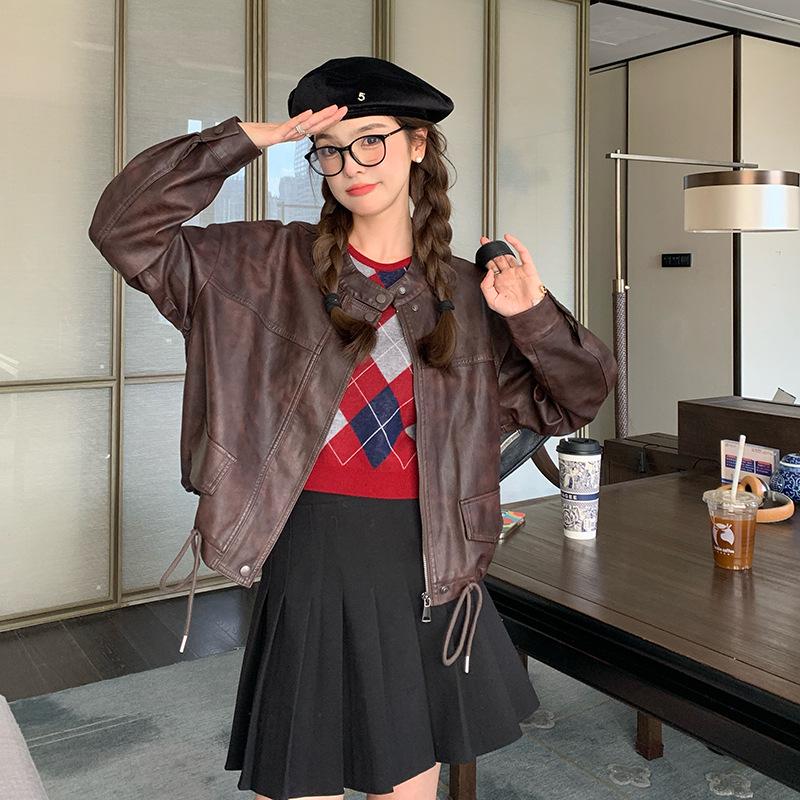 American Retro Casual PU Leather Drawstring Jacket - Autumn 2024, Small Size, Loose Fit, Age-Reducing Design