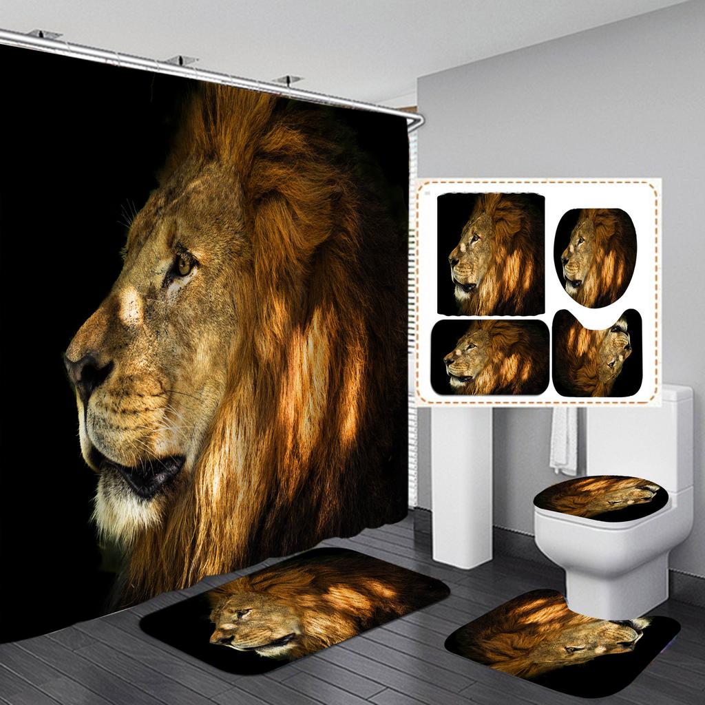 Seturi de perdele de duș din seria Lion 4 buc pentru baie Covoare de baie antiderapante Capac capac de toaletă Covoraș de baie