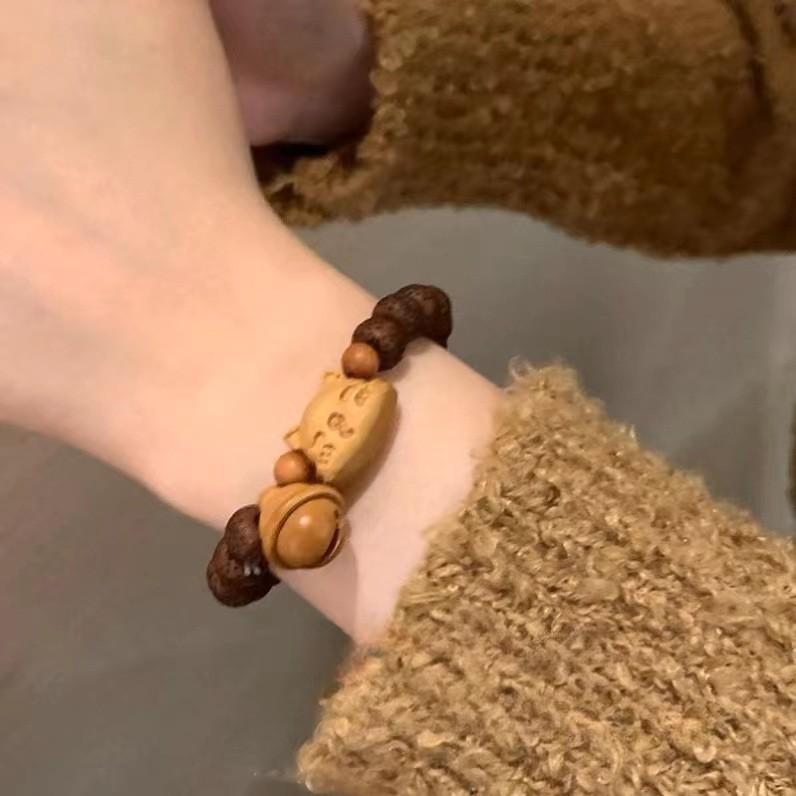 Wooden Cat Bell Bracelet Handmade New Oriental Fashion Trend Jewelry Womens