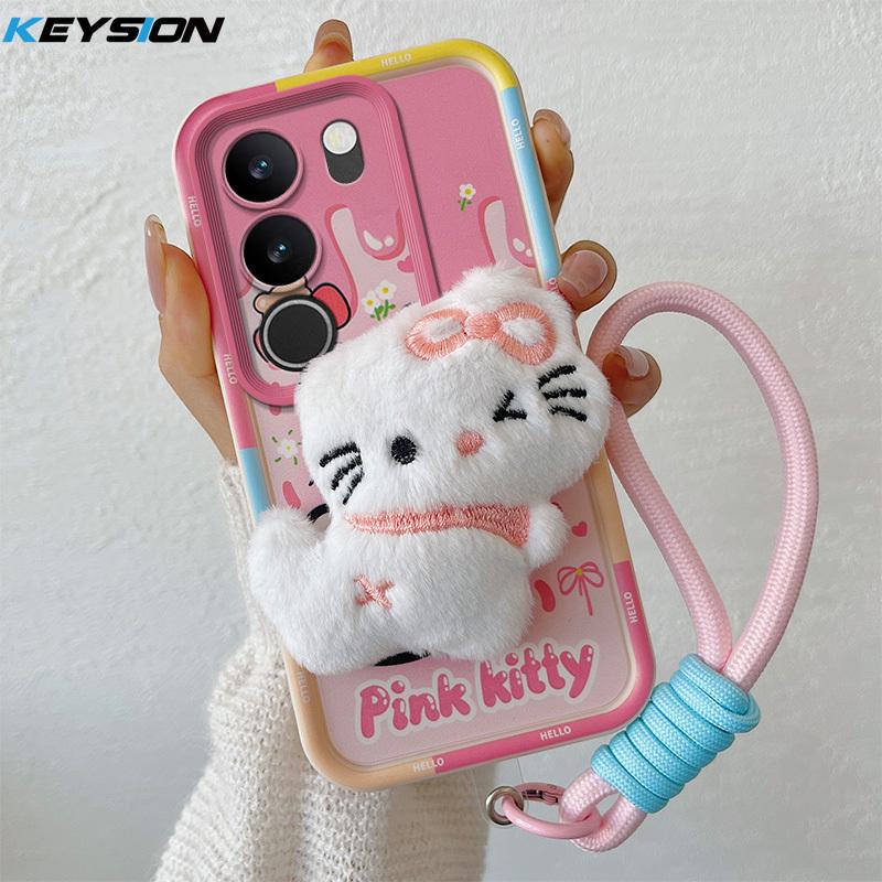 KEYSION Cute 3D Cartoon Plush Case for VIVO V29 5G with Lanyard Soft Silicone Shockproof Phone Back Cover for VIVO V29 5G