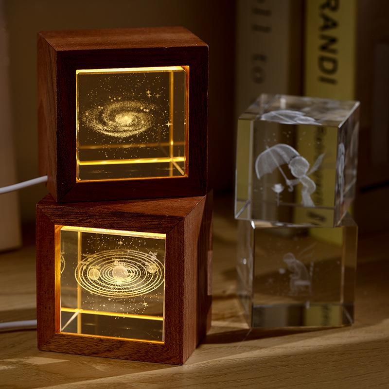 3D Galaxy Crystal Cube Night Light with Wooden Base - Illuminated Desktop Ornament, Perfect Birthday Gift