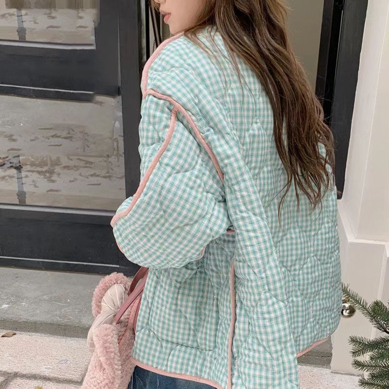 Retro Floral Small Fresh Color Matching Plaid Cotton-padded Jacket Women's Autumn Winter Plus Coats on Both Sides.