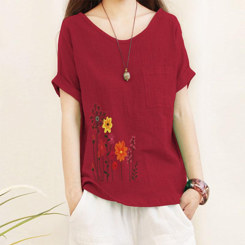 Camicetta da Donna in Cotone e Lino, Taglia L Manica Corta, con Tasche e Stampa Fiore di Giglio Maglietta in Cotone e Lino