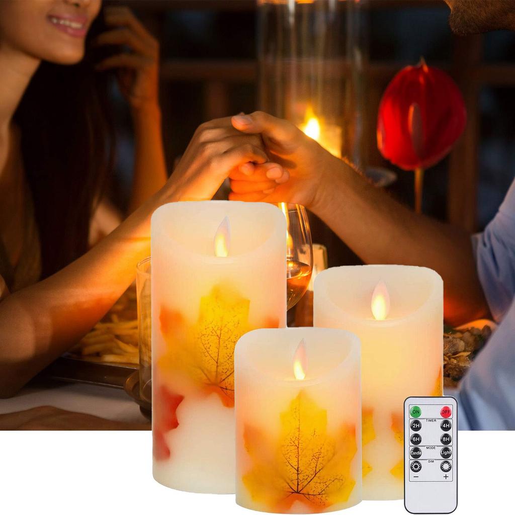 AnnTec LED Candle Light, Autumn Leaves, 3-Piece Set, Flickers Like a Real Flame, Warm Light, Flameless, Safe, Energy-Saving, Includes Remote Control,