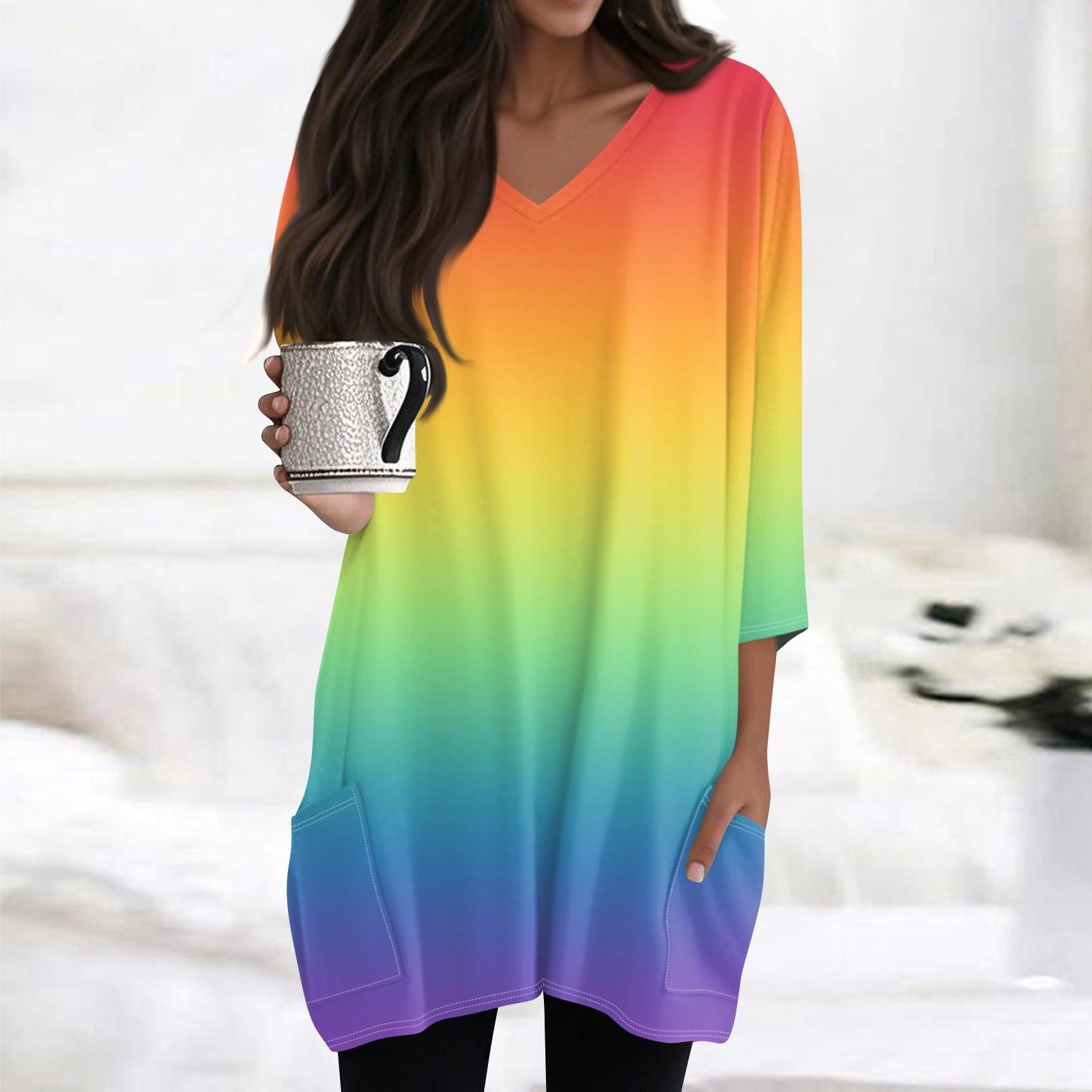 

Женские топы с V-образным вырезом и рукавом 3/4 Блузки Повседневные рубашки средней длины Модные принты Туники Топы с карманами XXXL