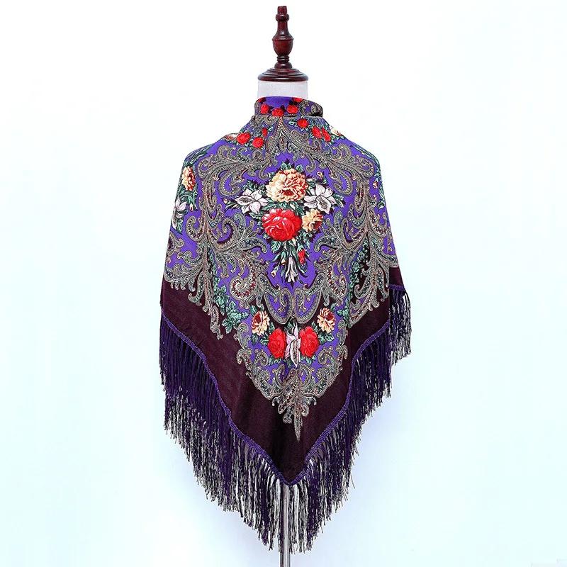 Floral Printed Bohemian Scarf Fringed Shawl Headscarf Russian Babushka Scarves Women National Muslim Head Wrap Square